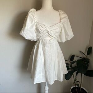 Moon River for Anthropology White Puff-Sleeve Twist Mini Babydoll Dress